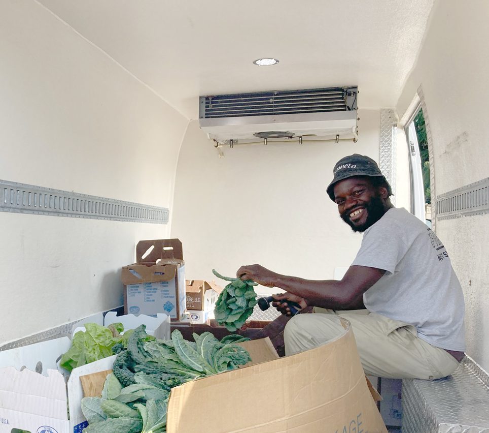 Farmer processes vegetables interior of refrigerator van Farmer processes vegetables interior of refrigerator van