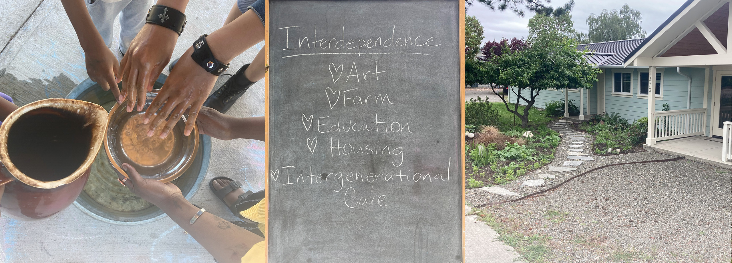 A collage of a house, garden,hands , and chalkboard